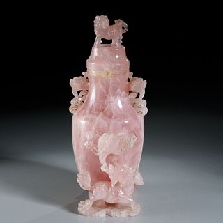 Large Chinese carved rose quartz vase and cover