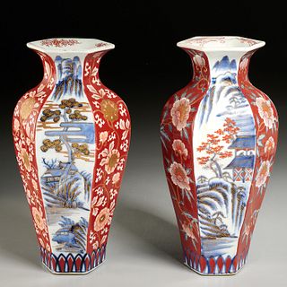 Antique pair Japanese Imari hexagonal vases