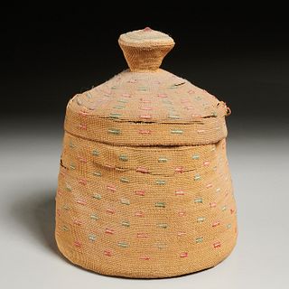 Rare Aluetian twined lidded basket