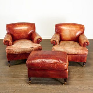 Pair George Smith leather club chairs and ottoman