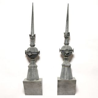 Pair French zinc architectural roof finial spires