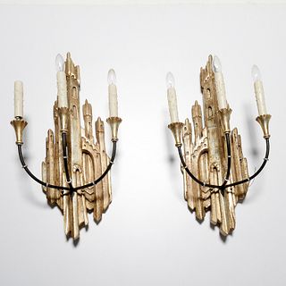 Pair Italian Modern gilt and silvered wood sconces