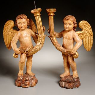 Pair Italian carved wood cherub candleholders