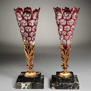 Pair Continental bronze mounted cut glass vases