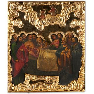 Russian vermeil mounted icon of the Dormition
