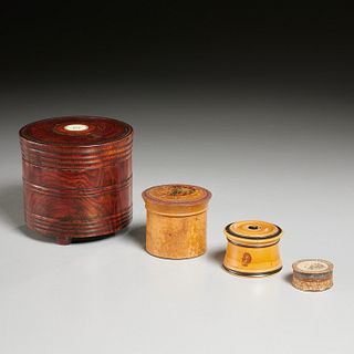 Group antique Treen nesting and game boxes