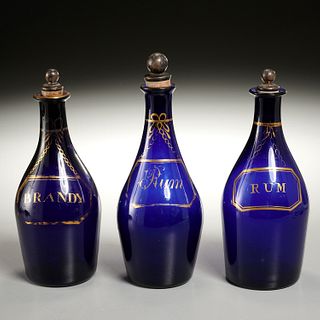 (3) George III cobalt-blue glass decanter bottles