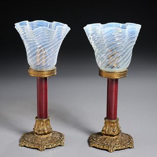Pair Victorian gilt bronze and enamel oil lamps