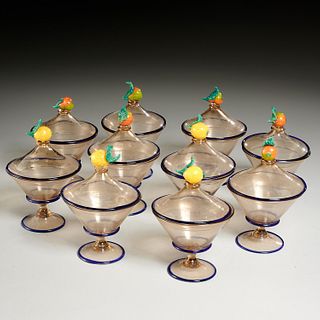 Rare set (10) Stueben glass lidded compotes
