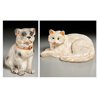 Antique chalk-ware cat and bulldog