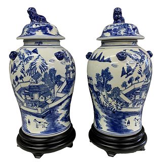 Asian Style Blue and White Covered Jars