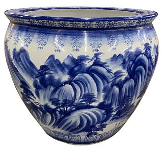 Asian Style Blue and White Fish Bowl Planter