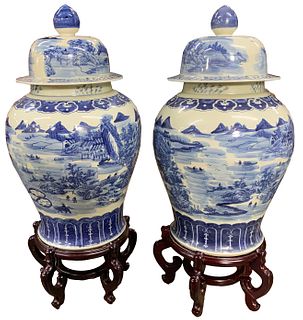 Asian Style Blue and White Floor Ginger Jars on Stands