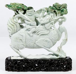 Chinese Jadeite Jade Child on Dragon Carving