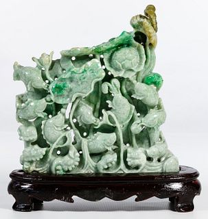 Chinese Jadeite Jade Fish and Waterlilies Carving