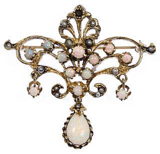 14k Gold, Seed Pearl and Opal Brooch