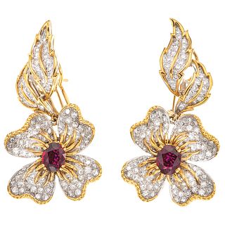 RUBIES AND DIAMONDS EARRINGS. 18K AND 14K WHITE AND YELLOW GOLD 