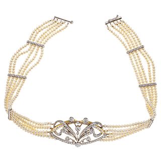 CULTURED PEARLS AND DIAMONDS CHOCKER. 14K WHITE AND YELLOW GOLD