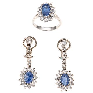 RING AND EARRINGS SET WITH SAPPHIRES AND DIAMONDS. PALLADIUM SILVER 