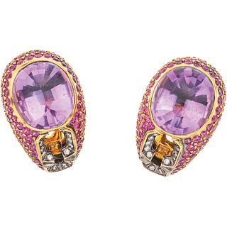 EARRINGS WITH AMETHYSTS, SAPPHIRES AND DIAMONDS. 18K YELLOW GOLD. ZORAB