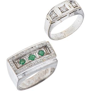 TWO RINGS WITH EMERALDS AND DIAMONDS. PALLADIUM SILVER