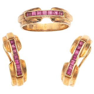 RING AND EARRINGS SET WITH RUBIES. 14K YELLOW GOLD