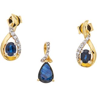 PENDANT AND EARRINGS WITH SAPPHIRES AND DIAMONDS. 14K YELLOW GOLD