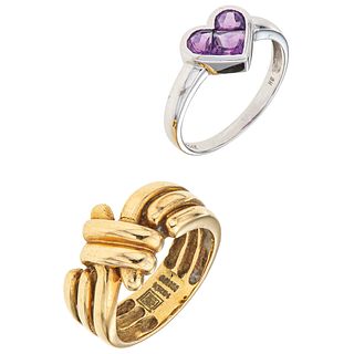 TWO RINGS WITH AMETHYSTS. 14K YELLOW AND WHITE GOLD