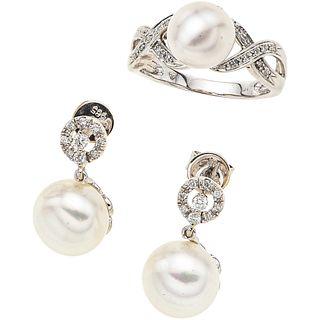 RING AND EARRINGS SET WITH CULTURED PEARLS AND DIAMONDS. 14K WHITE GOLD