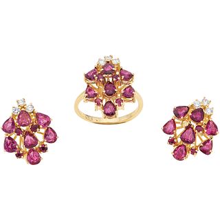 RING AND EARRINGS SET WIH RUBIES AND DIAMONDS. 14K YELLOW GOLD