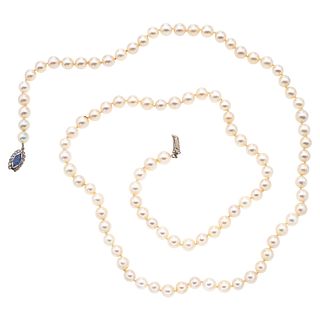 CULTURED PEARLS, SAPPHIRE AND DIAMONDS NECKLACE. PALLADIUM SILVER
