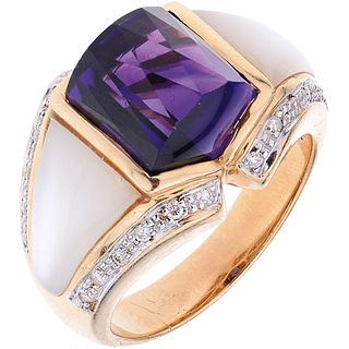 AMETHYST, MOTHER OF PEARL AND DIAMONDS RING. 18K YELLOW GOLD