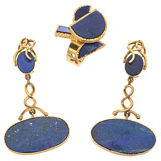 RING AND EARRINGS SET WITH LAPIS LAZULI. 14K AND 10K YELLOW GOLD
