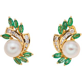 CULTURED PEARLS, EMERALDS AND DIAMONDS EARRINGS. 14K YELLOW GOLD