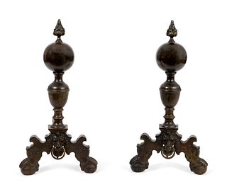 A Pair of Baroque Bronze Andirons Height 28 inches.