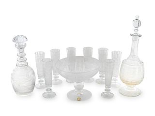 An Etched Glass Stemware Service Height of tallest, approx. 9 inches.