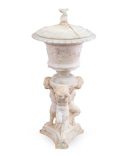 An Italian Carved Alabaster Covered Urn Height 30 inches.