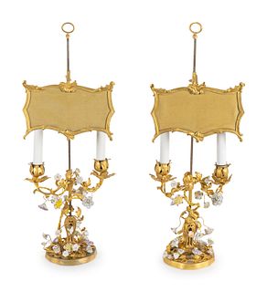 A Pair of Louis XV Style Gilt Bronze and Porcelain Two-Light Candelabra Height overall 24 1/2 inches.