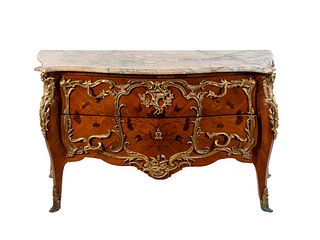 A Louis XV Gilt Bronze Mounted Kingwood and Marquetry Commode Height 35 1/2 x width 60 1/2 x depth 20 3/4 inches.