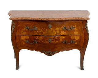 A Louis XV Style Gilt Bronze Mounted Marquetry Commode Height 33 x width 48 x depth 21 inches.