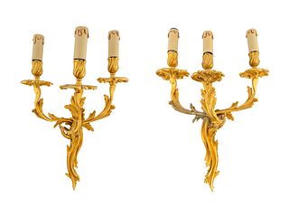 A Pair of Louis XV Style Gilt Bronze Three Light Wall Scones Height 15 inches.