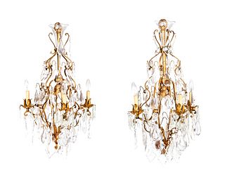 A Pair of French Gilt Bronze Chandeliers Height 38 inches.