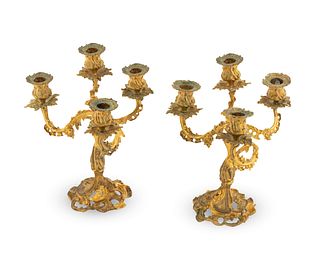 A Pair of Louis XV Style Gilt Bronze Four-Light Candelabra Height 16 inches.
