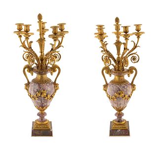 A Pair of Louis XVI Style Gilt Bronze and Marble Five-Light Candelabra Height 28 1/4 inches.