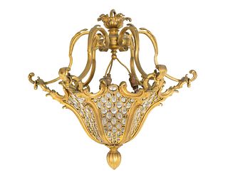 A French Gilt Bronze and Glass Ceiling Fixture Height 33 x diameter 26 inches.