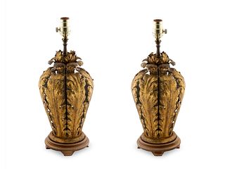 A Pair of Gilt Tole Table Lamps Height overall 28 inches.