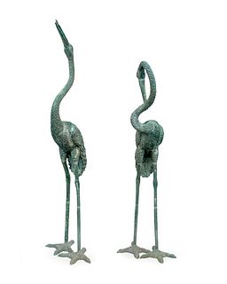 A Pair of Bronze Models of Cranes Height of taller, 74 inches.