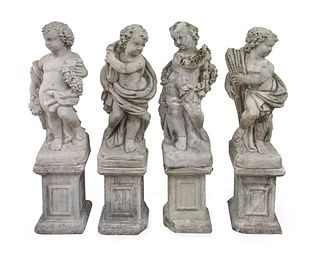 A Group of Four Cast Stone Figures on Columnar Bases