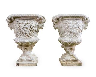 A Pair of Cast Stone Campana-form Urns