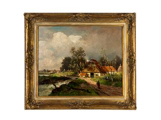 Carl Schultze (German, 1856-1935) Cottage by Bridge Over Stream